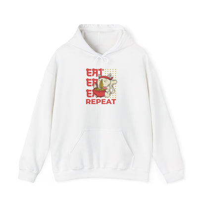 Eat Eat Eat Repeat Hoodie — Cute Cat Eating Ramen Graphic Sweatshirt