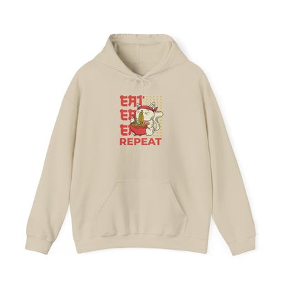 Eat Eat Eat Repeat Hoodie — Cute Cat Eating Ramen Graphic Sweatshirt