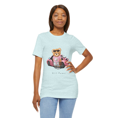 Girl Power Bear Tee — Cute Pink Car Teddy Graphic T-Shirt