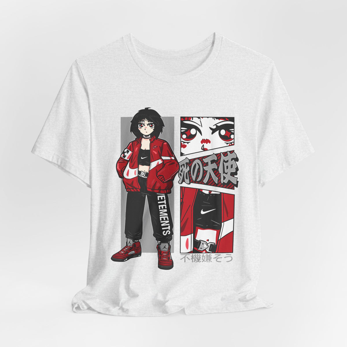 Anime Streetwear Tee — Red-Jacket Angel Graphic