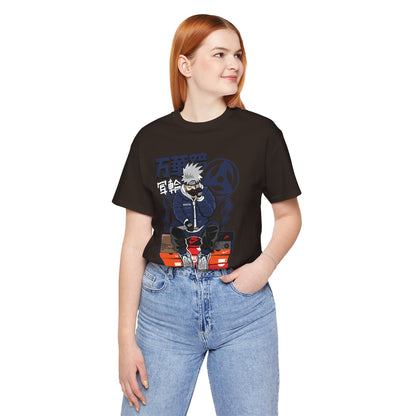 Anime Sneakerhead Tee — Sitting Character on Shoe Boxes with Japanese Text