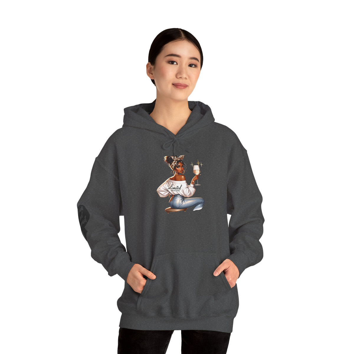 Cozy Chick Hoodie — Fashionable Woman Relaxing with Coffee Graphic Hooded Sweatshirt