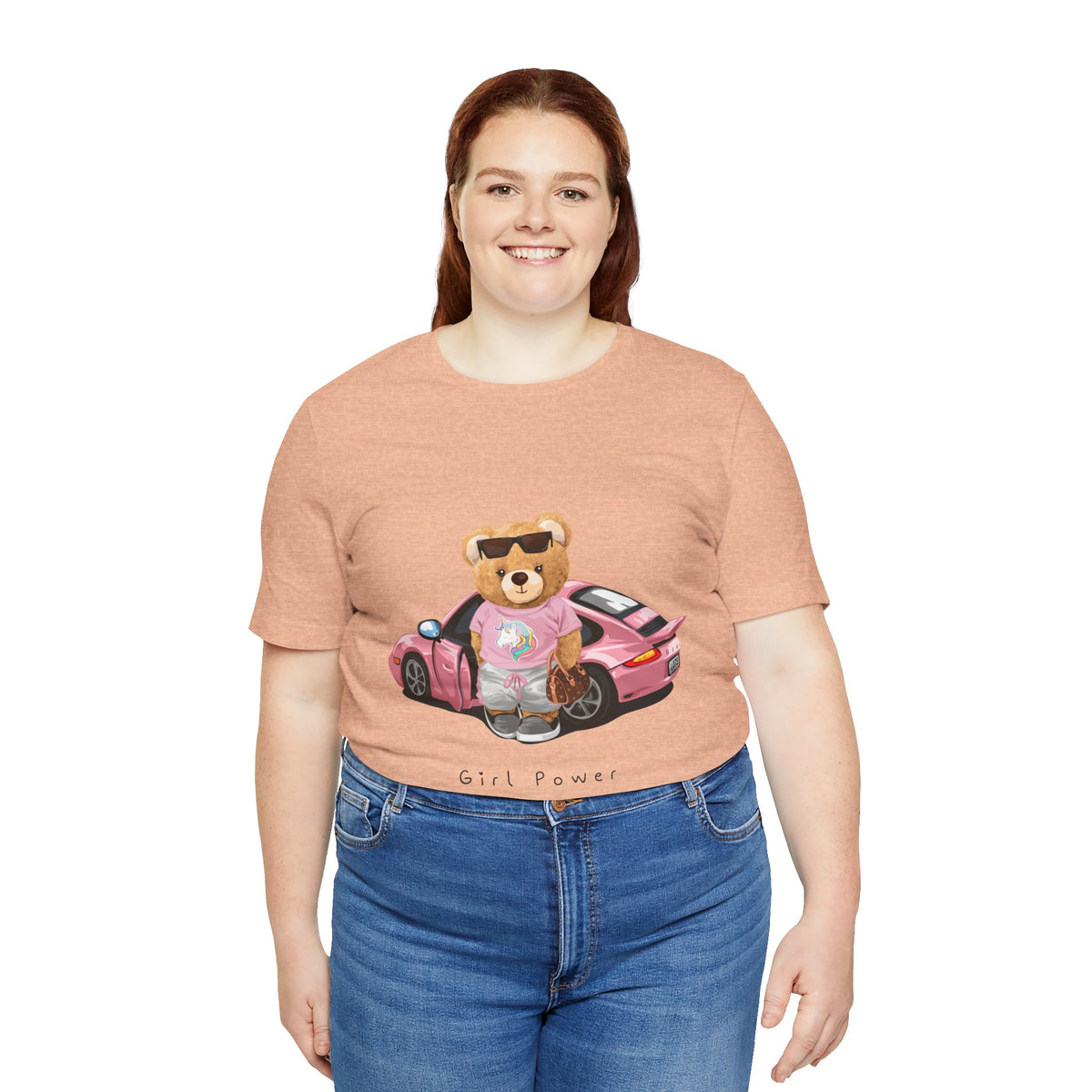 Girl Power Bear Tee — Cute Pink Car Teddy Graphic T-Shirt