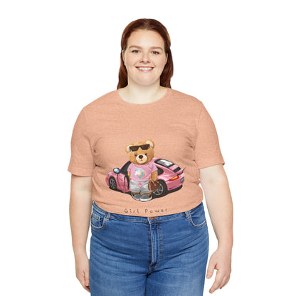 Girl Power Bear Tee — Cute Pink Car Teddy Graphic T-Shirt