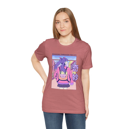 Roaming Through The City Anime Girl Tee — Vaporwave Cityscape Shirt