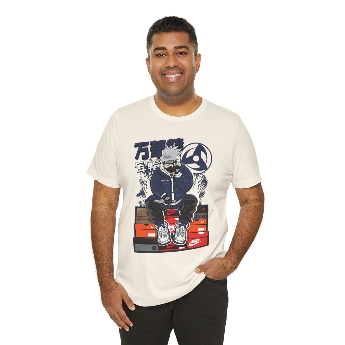 Anime Sneakerhead Tee — Sitting Character on Shoe Boxes with Japanese Text