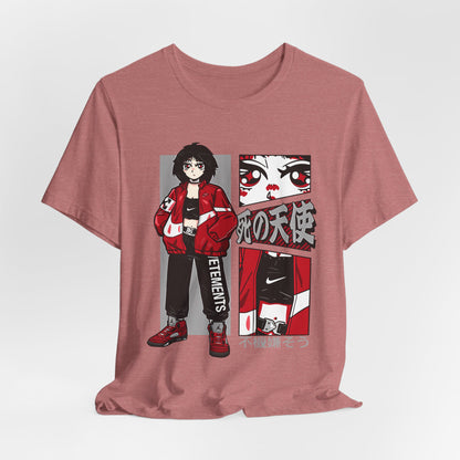 Anime Streetwear Tee — Red-Jacket Angel Graphic