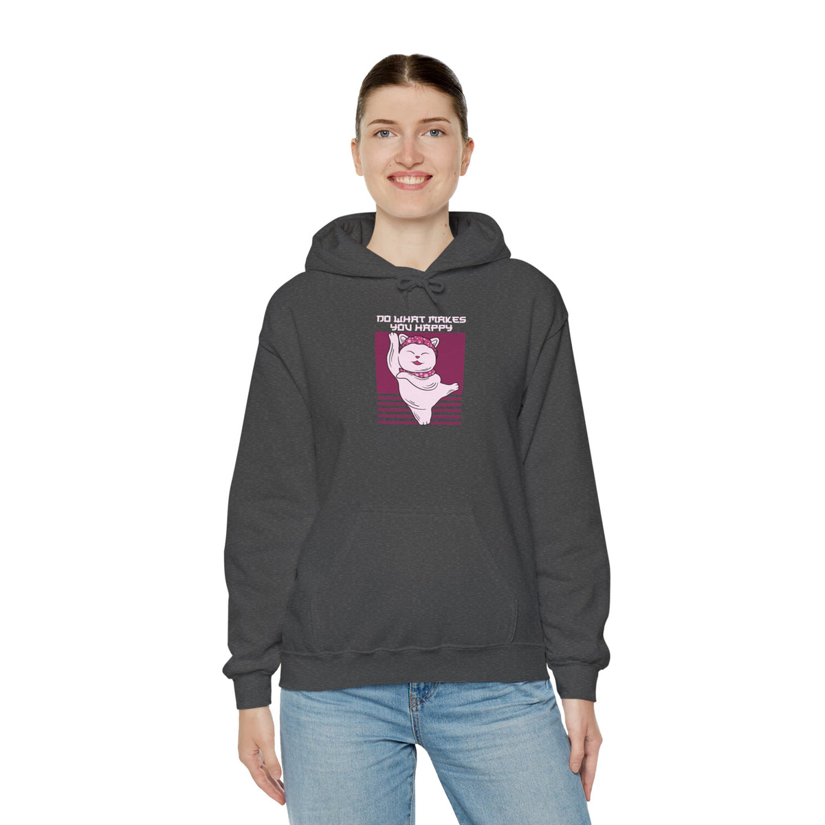 Hoodie — Retro Pink Cat 'Do What Makes You Happy' Graphic Sweatshirt