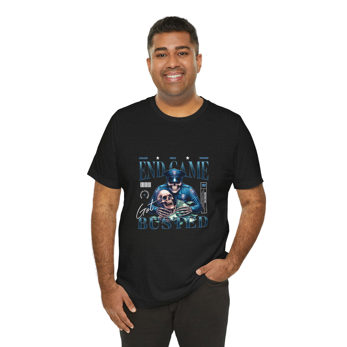 Endgame Got Busted Tee — Police Skull Graphic T-Shirt