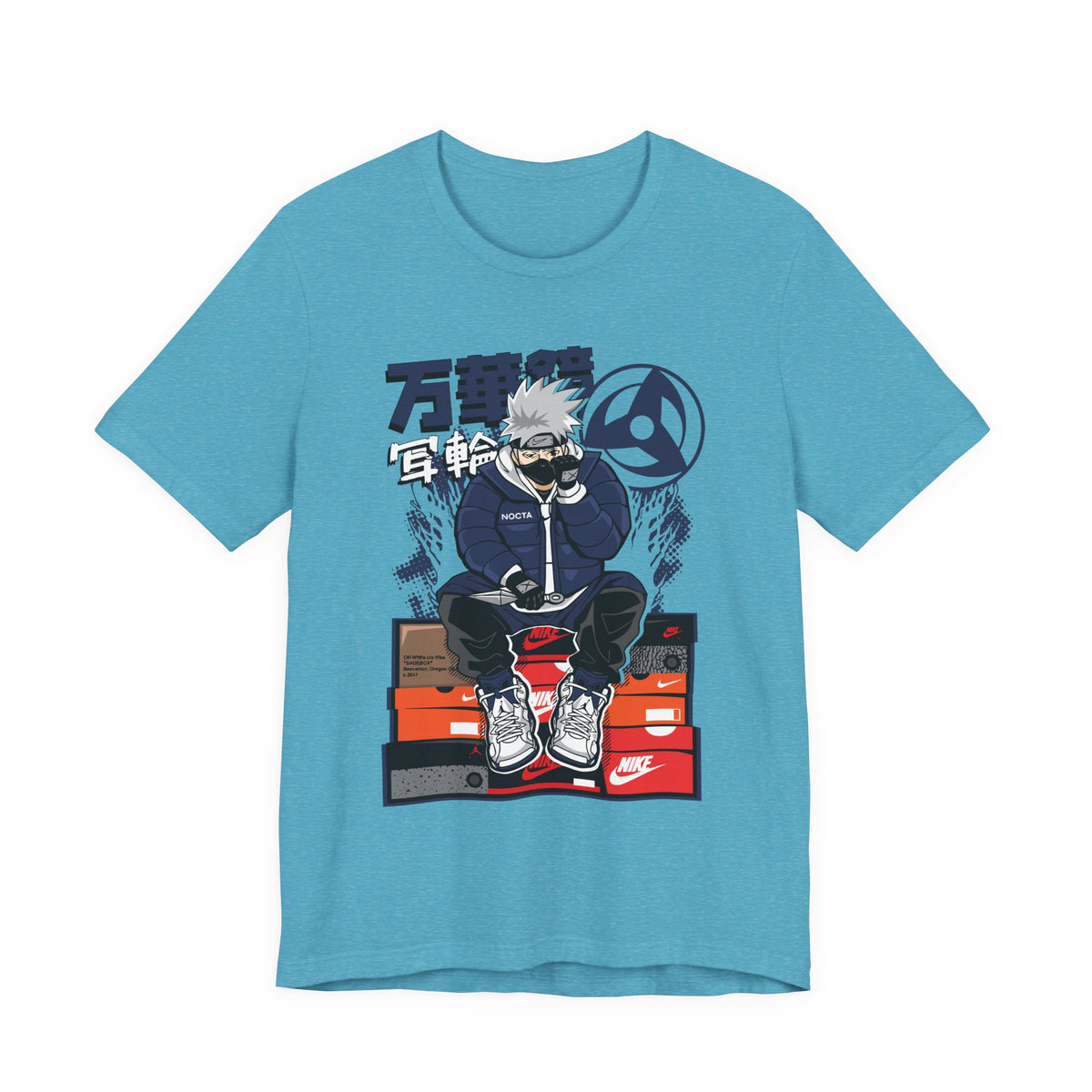 Anime Sneakerhead Tee — Sitting Character on Shoe Boxes with Japanese Text