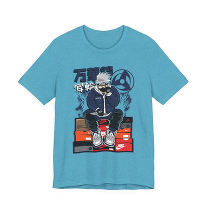 Anime Sneakerhead Tee — Sitting Character on Shoe Boxes with Japanese Text