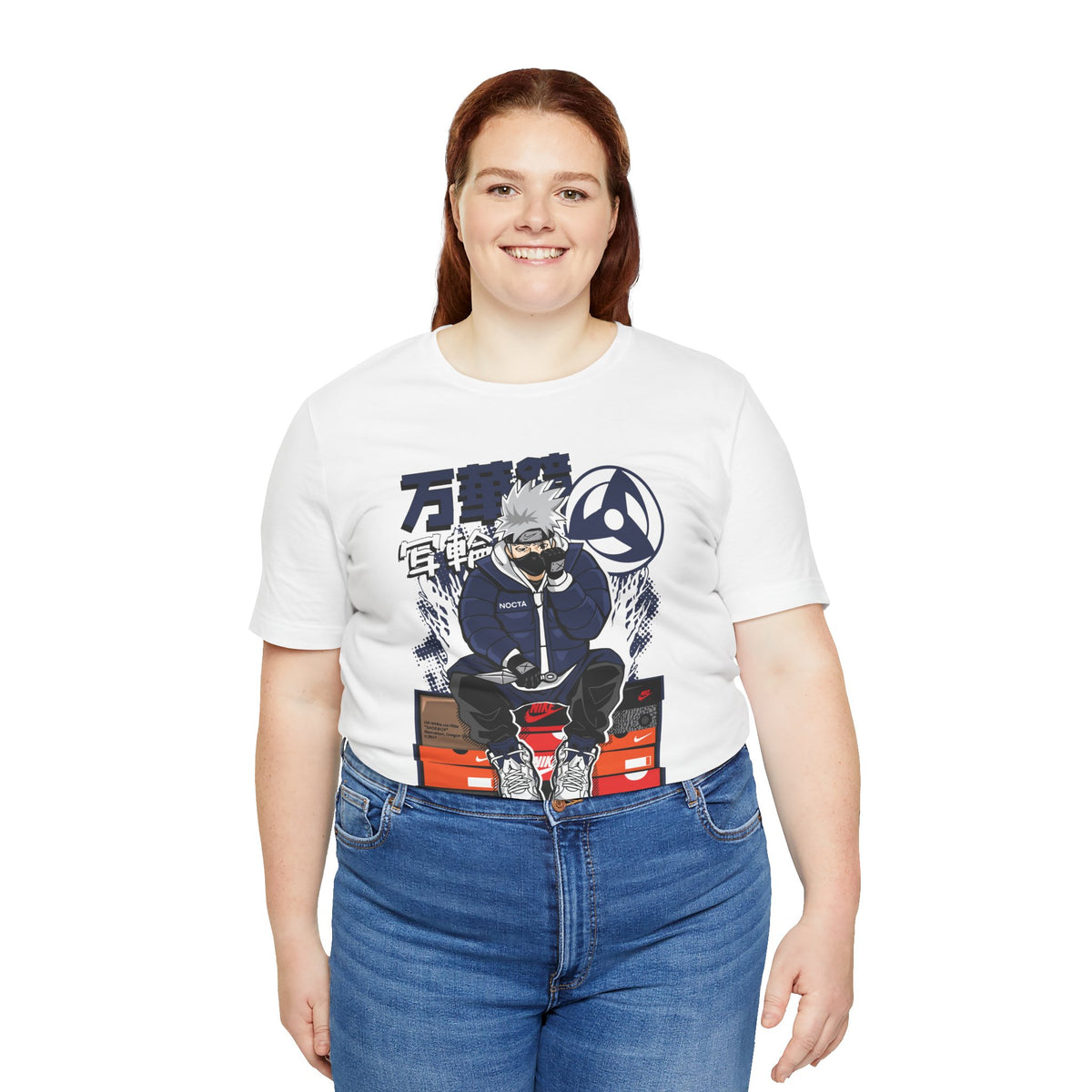 Anime Sneakerhead Tee — Sitting Character on Shoe Boxes with Japanese Text