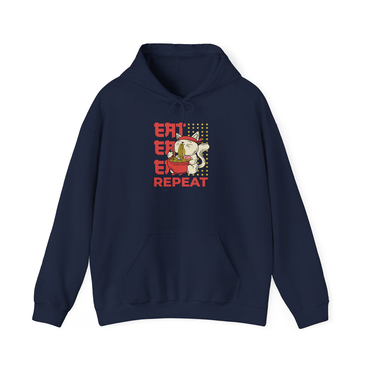 Eat Eat Eat Repeat Hoodie — Cute Cat Eating Ramen Graphic Sweatshirt