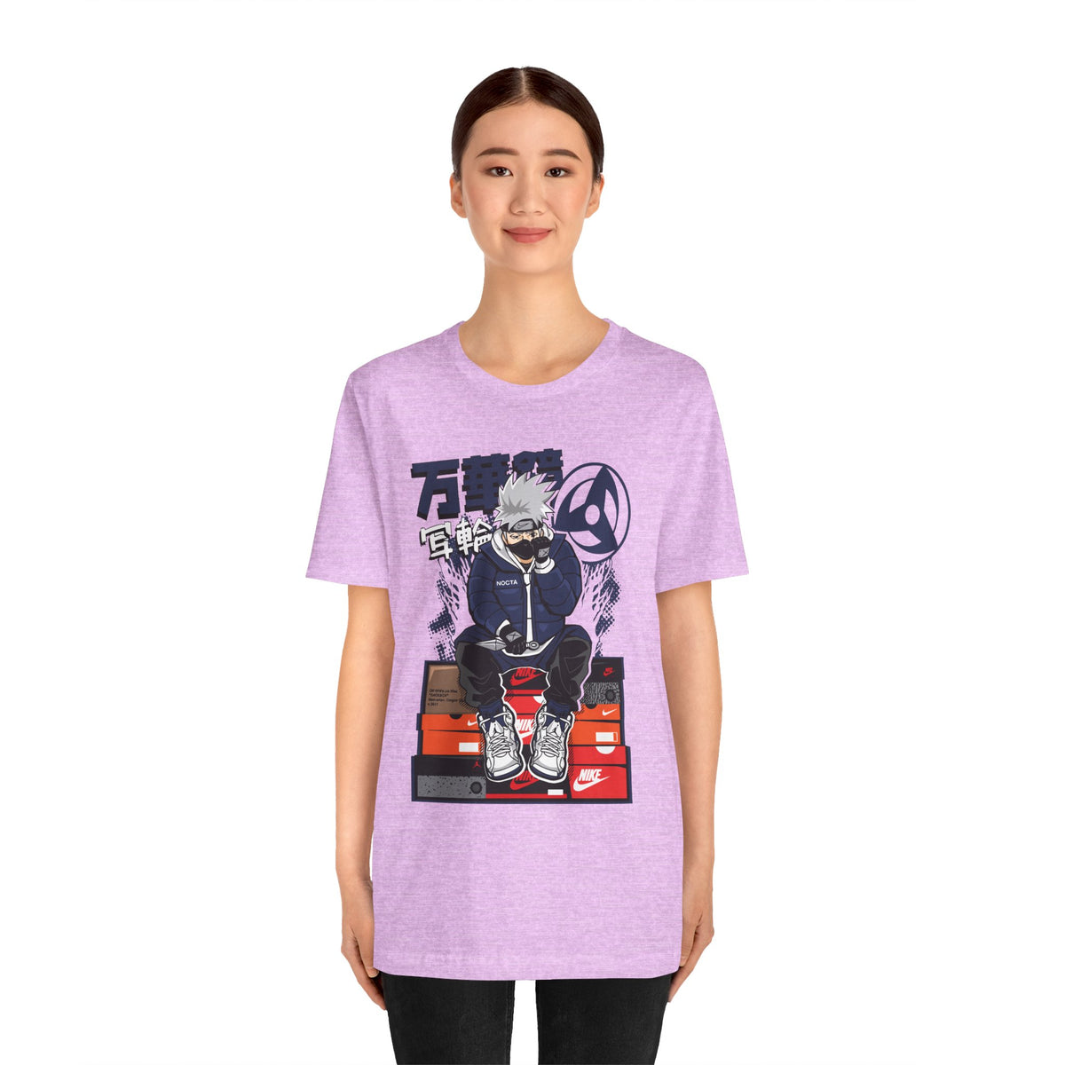 Anime Sneakerhead Tee — Sitting Character on Shoe Boxes with Japanese Text
