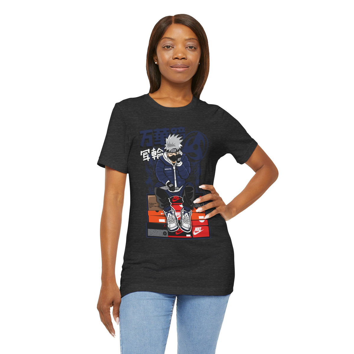 Anime Sneakerhead Tee — Sitting Character on Shoe Boxes with Japanese Text