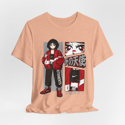 Anime Streetwear Tee — Red-Jacket Angel Graphic