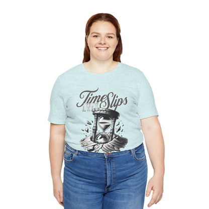 Time Slips Hourglass T‑Shirt — Vintage Black & White Graphic Tee