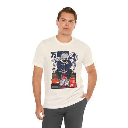 Anime Sneakerhead Tee — Sitting Character on Shoe Boxes with Japanese Text