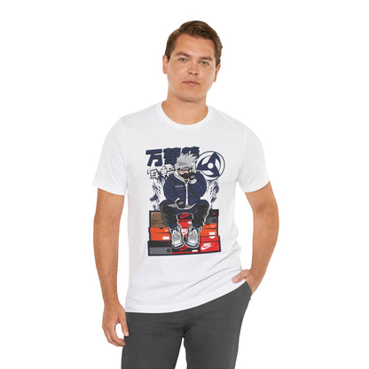 Anime Sneakerhead Tee — Sitting Character on Shoe Boxes with Japanese Text
