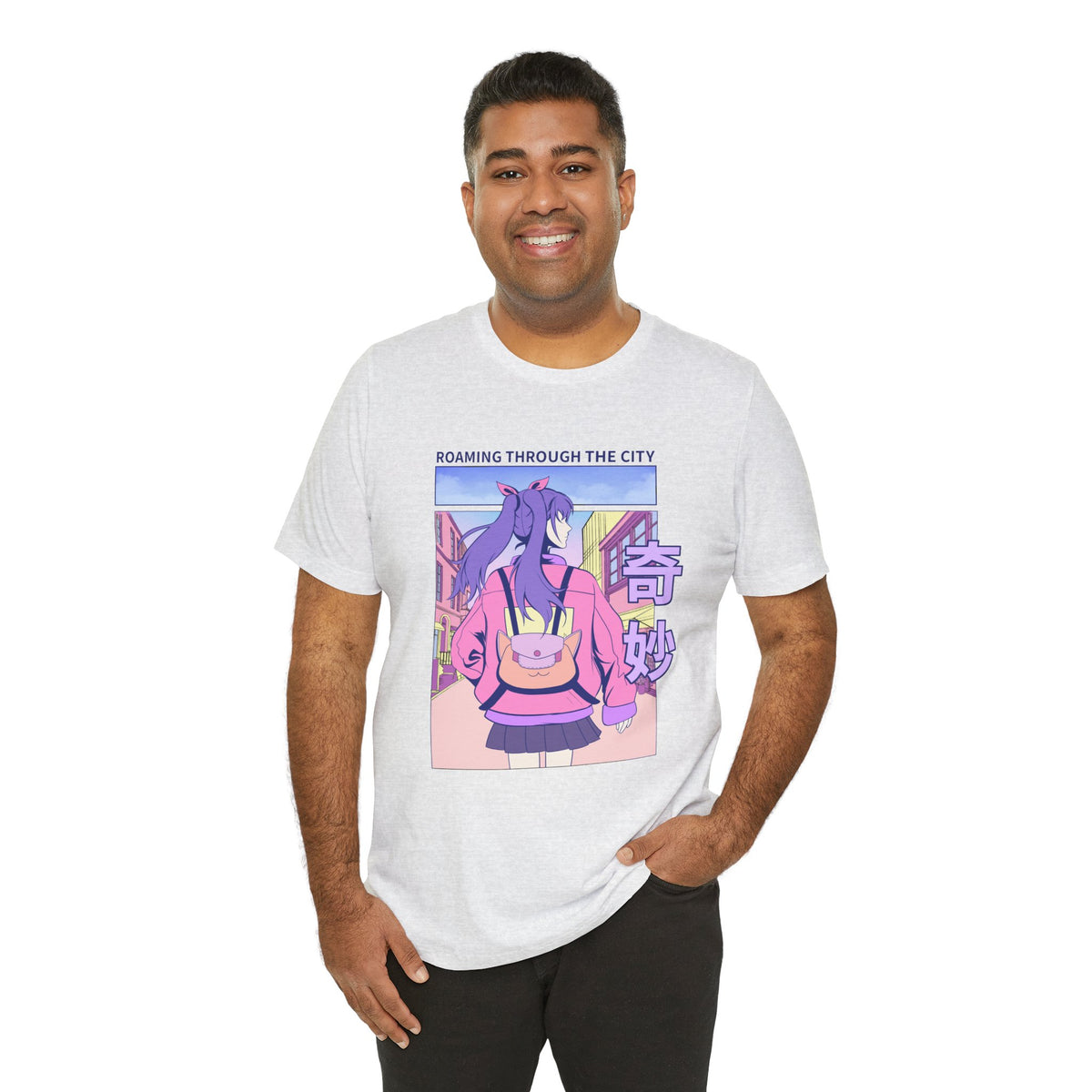 Roaming Through The City Anime Girl Tee — Vaporwave Cityscape Shirt