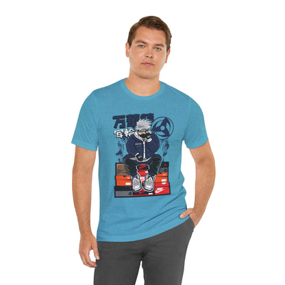 Anime Sneakerhead Tee — Sitting Character on Shoe Boxes with Japanese Text