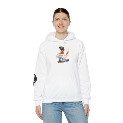 Cozy Chick Hoodie — Fashionable Woman Relaxing with Coffee Graphic Hooded Sweatshirt