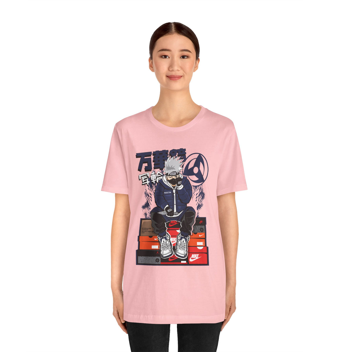Anime Sneakerhead Tee — Sitting Character on Shoe Boxes with Japanese Text