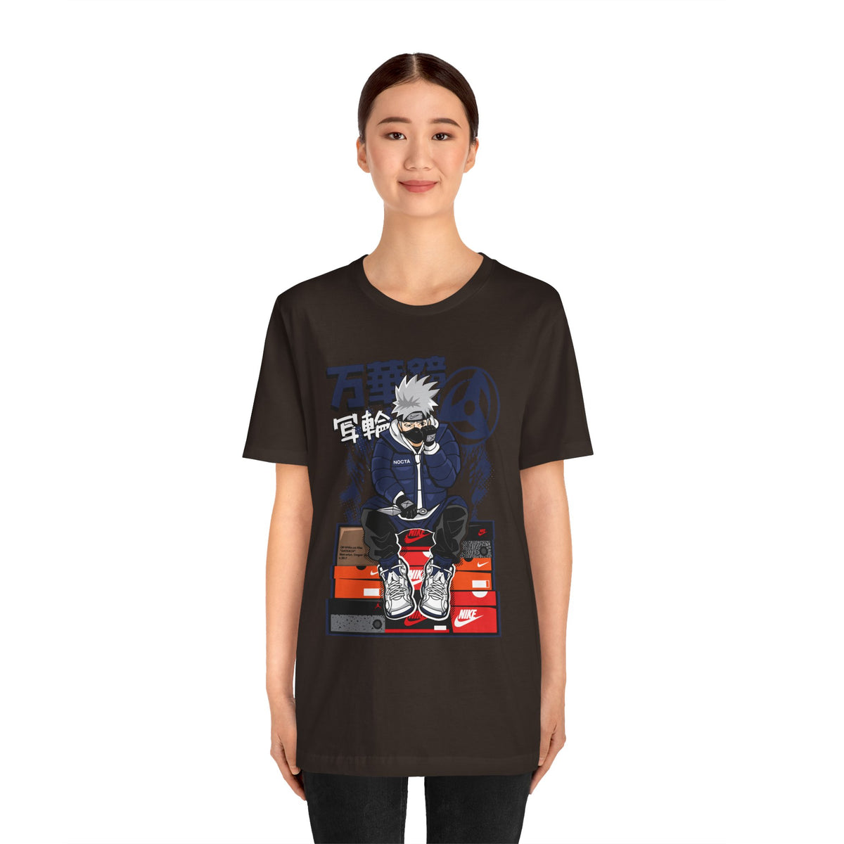 Anime Sneakerhead Tee — Sitting Character on Shoe Boxes with Japanese Text