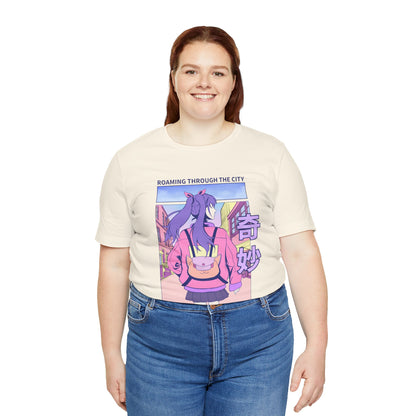 Roaming Through The City Anime Girl Tee — Vaporwave Cityscape Shirt
