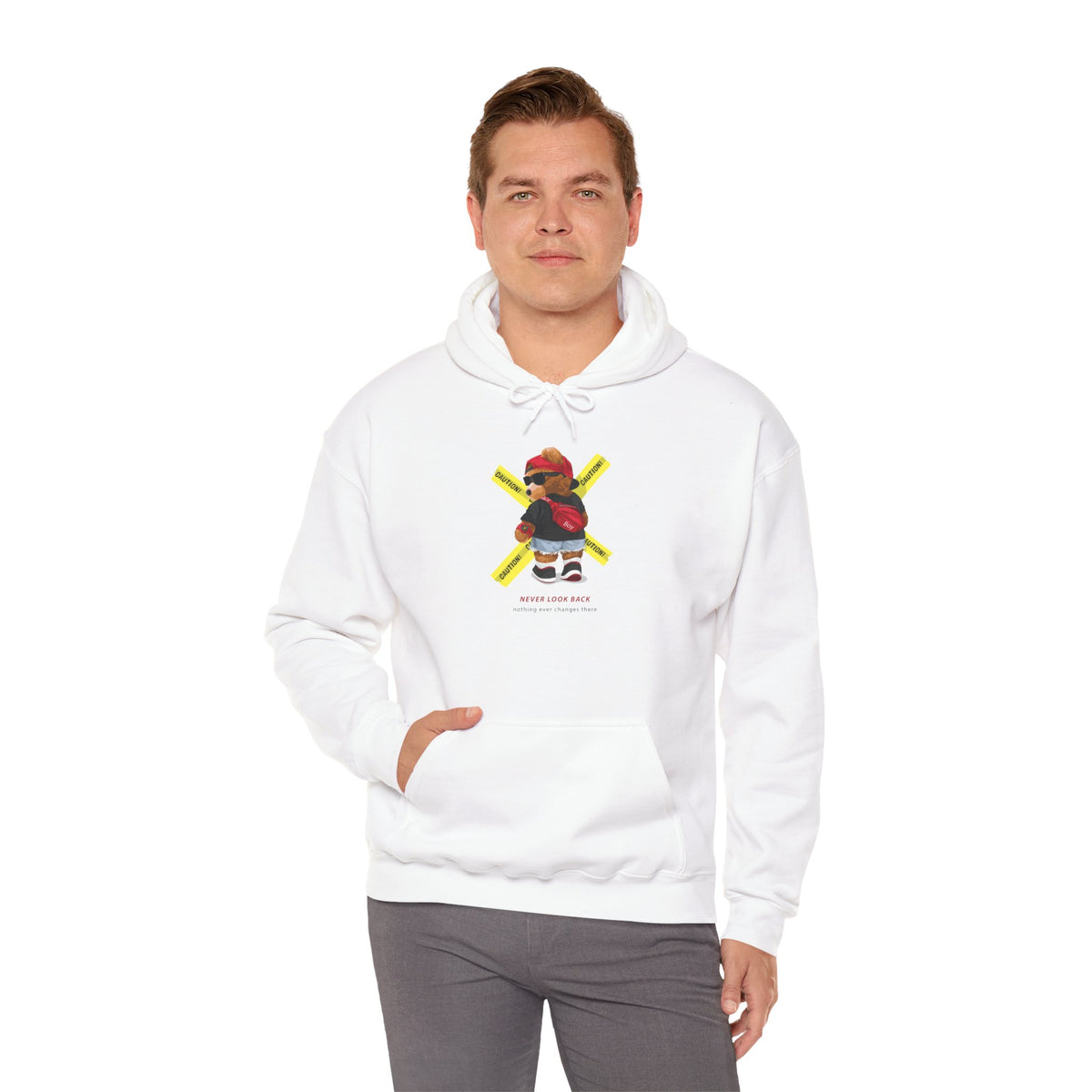 Hockey Bear Graphic Hoodie — 'Never Give Up' Cozy Skate Sweatshirt