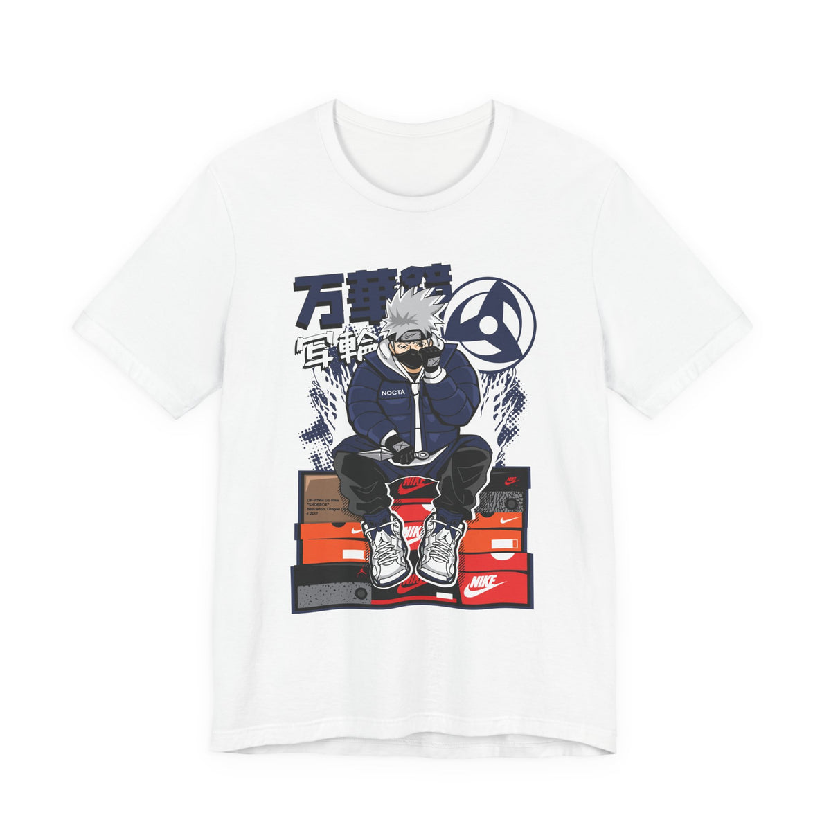 Anime Sneakerhead Tee — Sitting Character on Shoe Boxes with Japanese Text