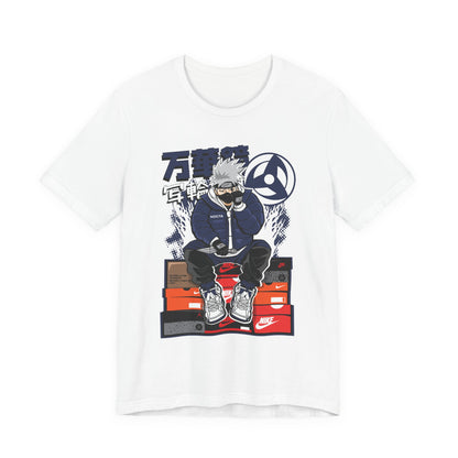 Anime Sneakerhead Tee — Sitting Character on Shoe Boxes with Japanese Text