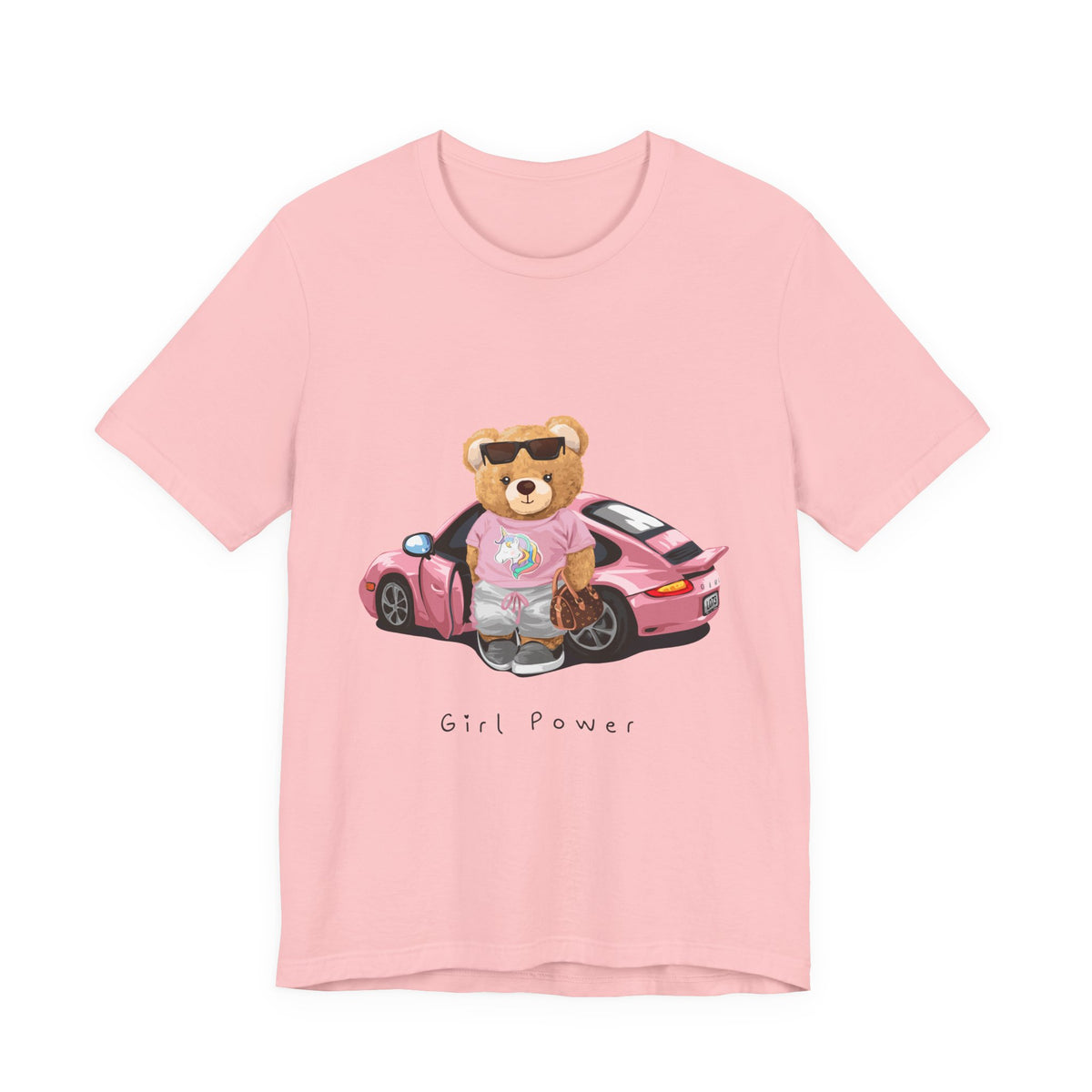 Girl Power Bear Tee — Cute Pink Car Teddy Graphic T-Shirt