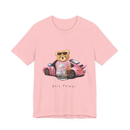 Girl Power Bear Tee — Cute Pink Car Teddy Graphic T-Shirt