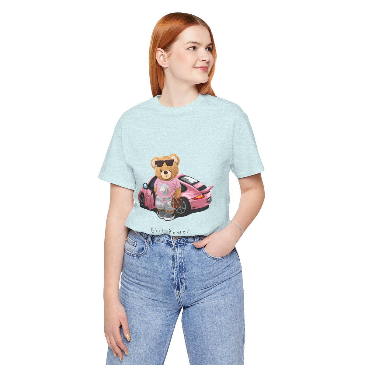 Girl Power Bear Tee — Cute Pink Car Teddy Graphic T-Shirt