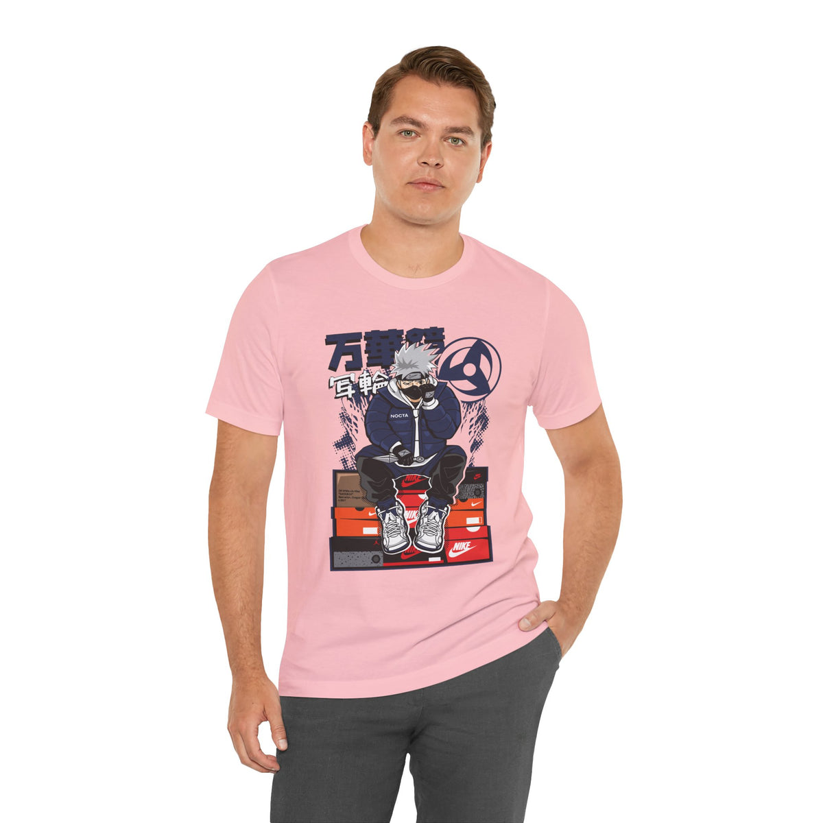 Anime Sneakerhead Tee — Sitting Character on Shoe Boxes with Japanese Text
