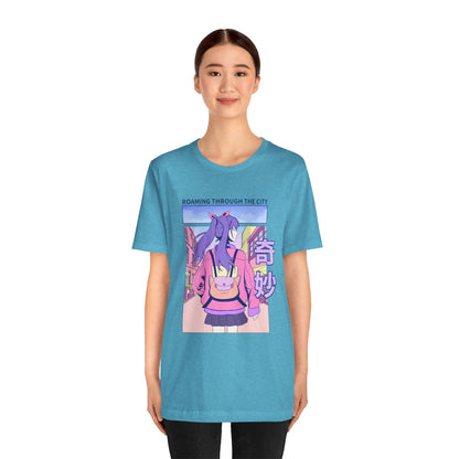 Roaming Through The City Anime Girl Tee — Vaporwave Cityscape Shirt