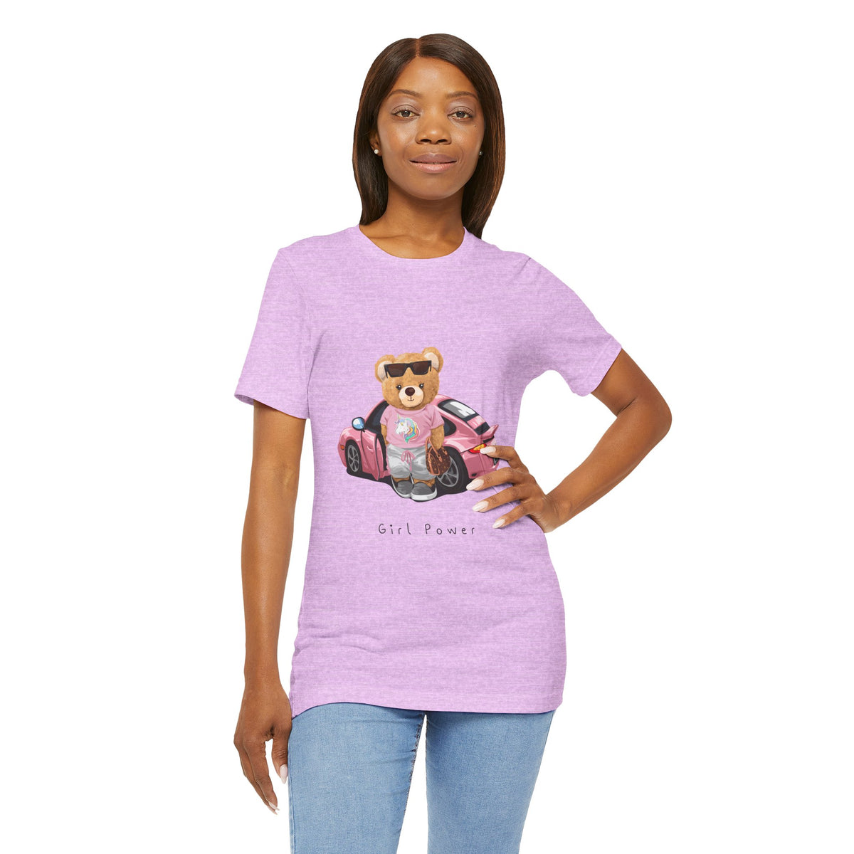 Girl Power Bear Tee — Cute Pink Car Teddy Graphic T-Shirt