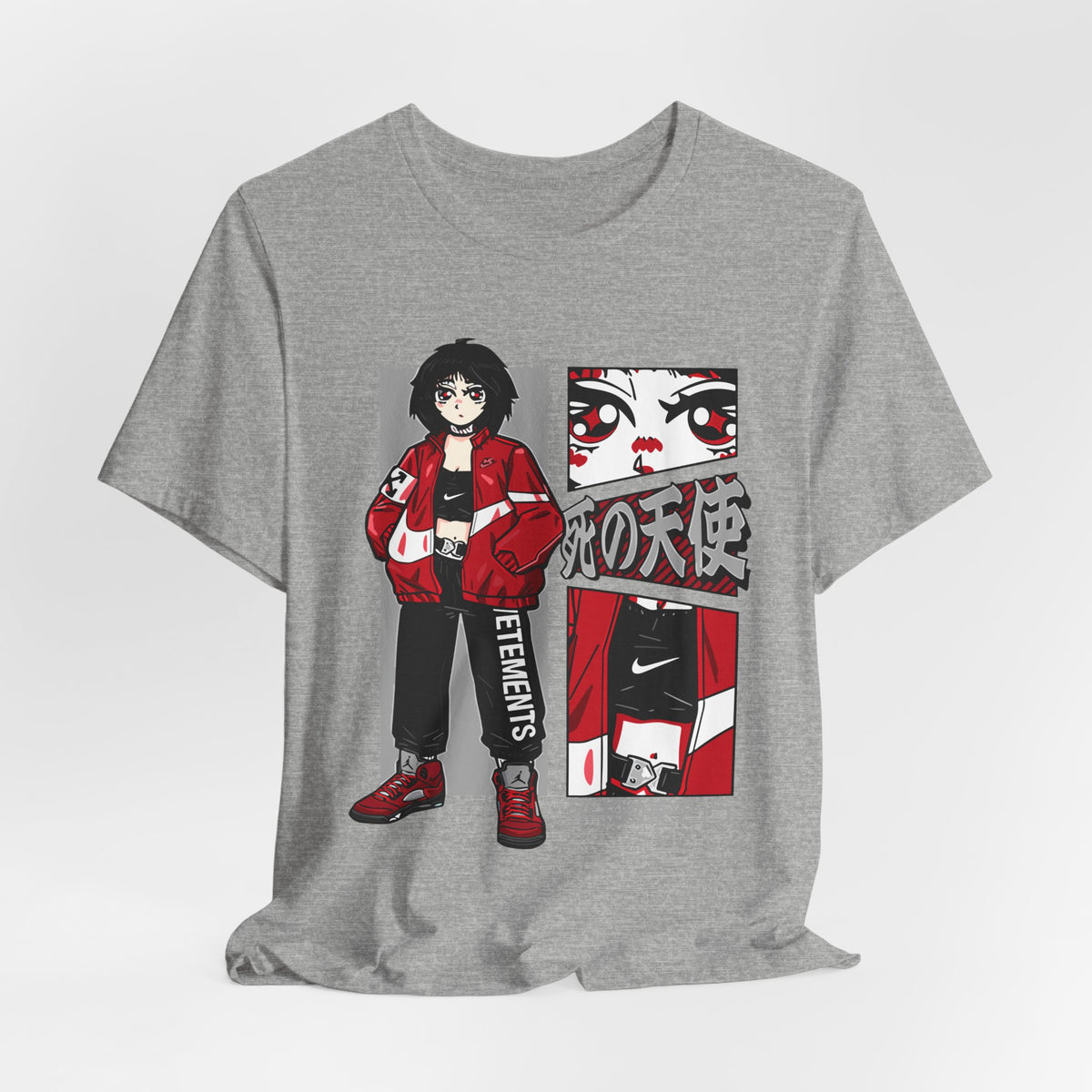 Anime Streetwear Tee — Red-Jacket Angel Graphic