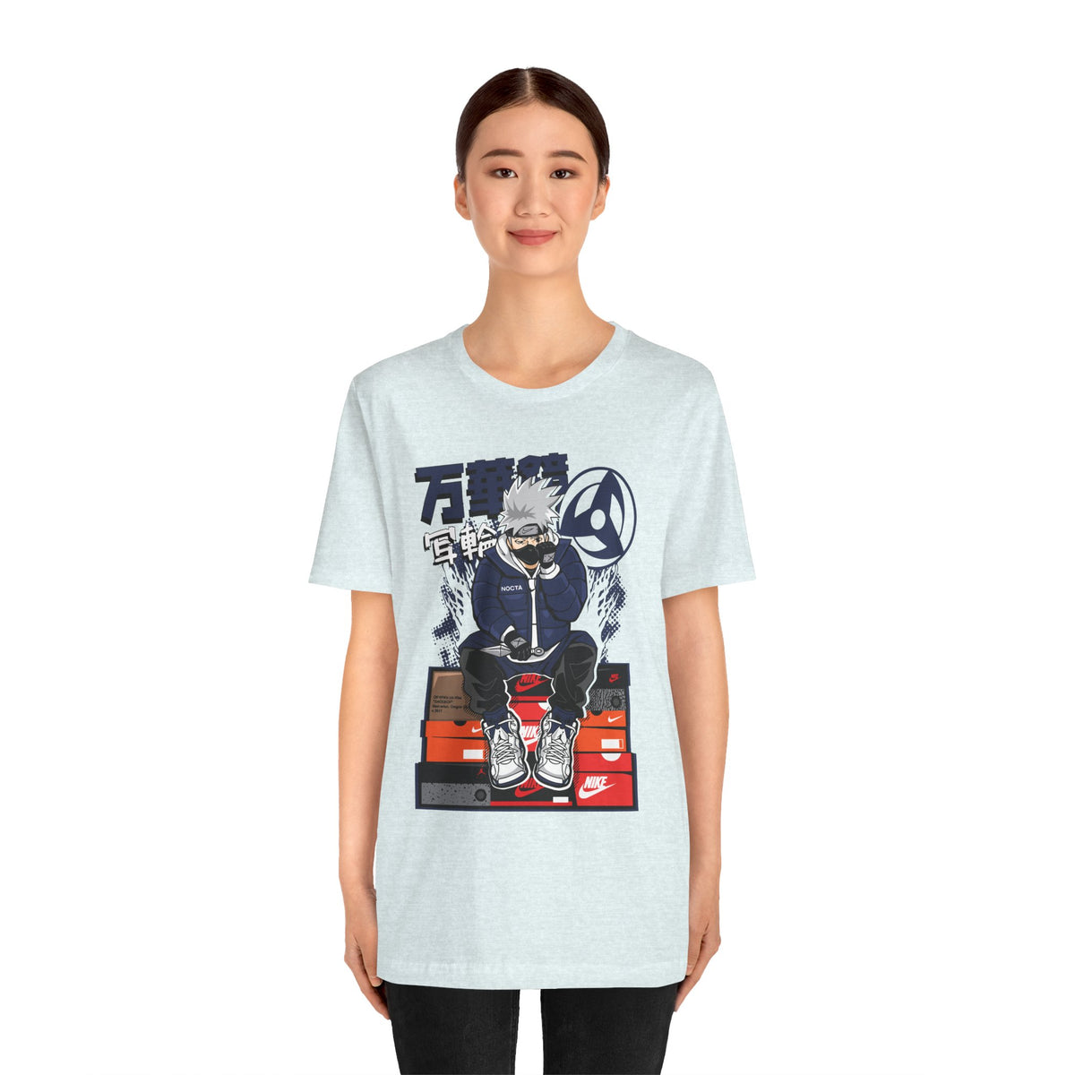 Anime Sneakerhead Tee — Sitting Character on Shoe Boxes with Japanese Text