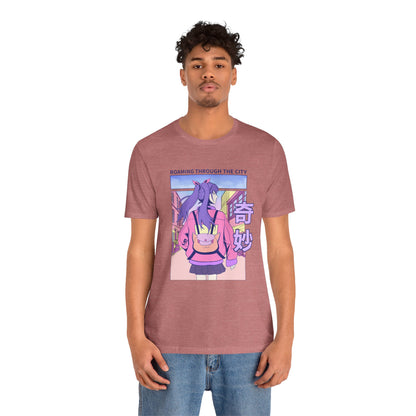 Roaming Through The City Anime Girl Tee — Vaporwave Cityscape Shirt