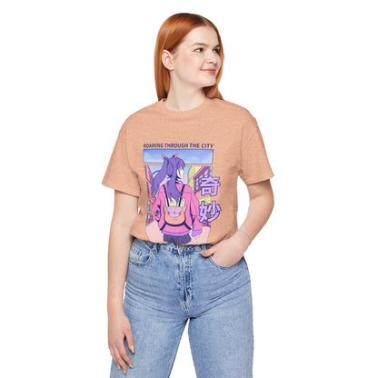 Roaming Through The City Anime Girl Tee — Vaporwave Cityscape Shirt