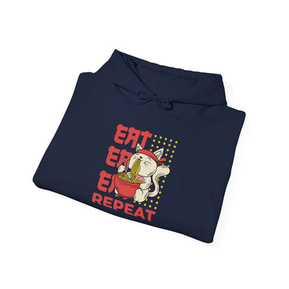 Eat Eat Eat Repeat Hoodie — Cute Cat Eating Ramen Graphic Sweatshirt