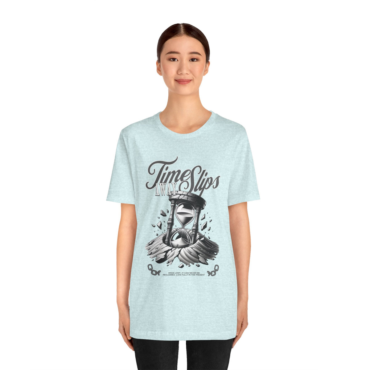 Time Slips Hourglass T‑Shirt — Vintage Black & White Graphic Tee