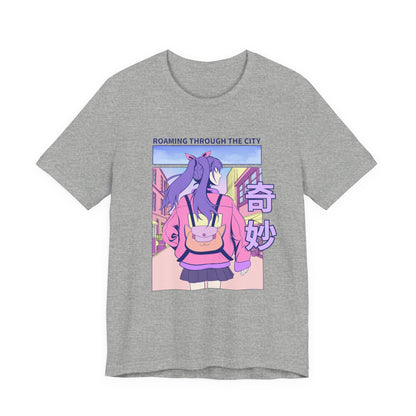 Roaming Through The City Anime Girl Tee — Vaporwave Cityscape Shirt