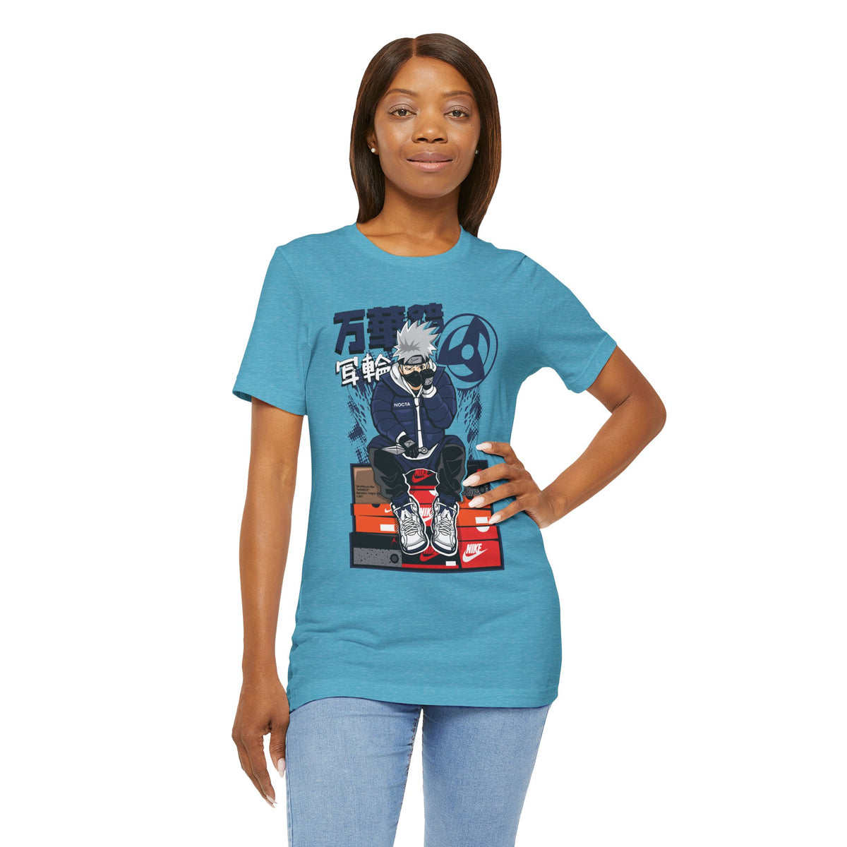 Anime Sneakerhead Tee — Sitting Character on Shoe Boxes with Japanese Text