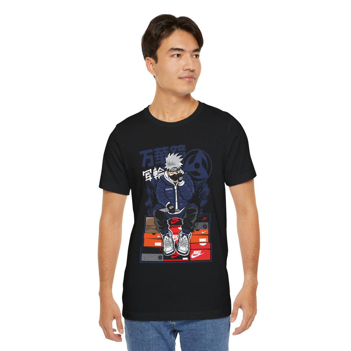Anime Sneakerhead Tee — Sitting Character on Shoe Boxes with Japanese Text