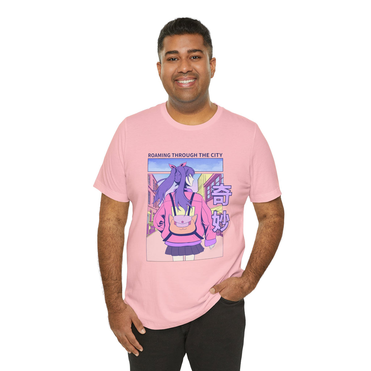 Roaming Through The City Anime Girl Tee — Vaporwave Cityscape Shirt