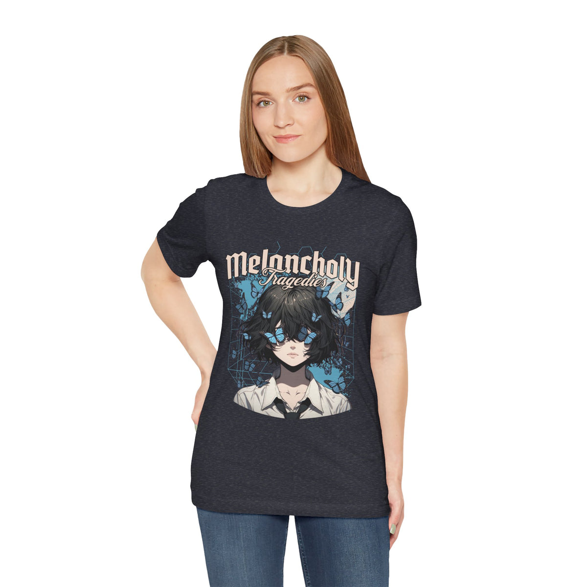 Melancholy Tragedia Anime Tee — Blue Butterflies Graphic T-Shirt