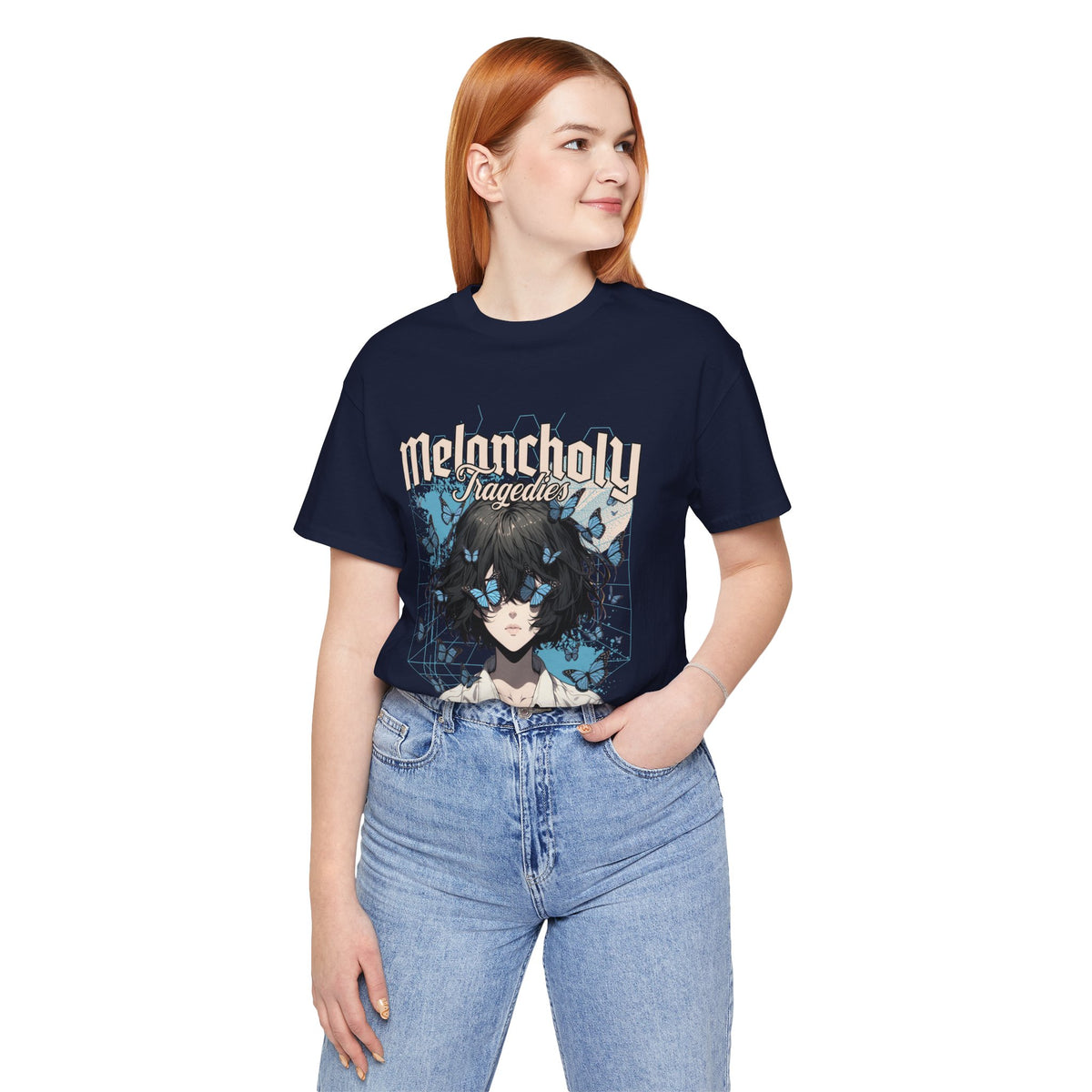 Melancholy Tragedia Anime Tee — Blue Butterflies Graphic T-Shirt